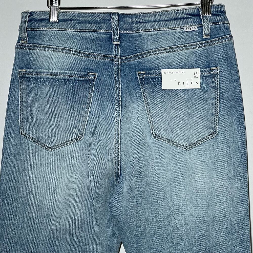 Risen High Rise Distressed Frayed Hem Flare Leg Blue Womens Size 31 - Picture 7 of 14